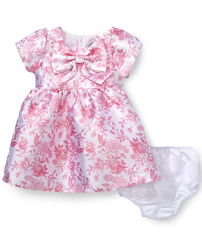 Rare Editions Baby Girls Short Sleeve Bow Accent Rose Toile Print Mikado Fit-And-Flare Dress