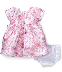 Rare Editions Baby Girls Short Sleeve Bow Accent Rose Toile Print Mikado Fit-And-Flare Dress