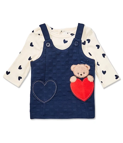 Rare Editions Baby Girls Sleeveless Bear/Heart-Appliqued Double-Knit Jumper Dress & Long-Sleeve Printed Bodysuit Set