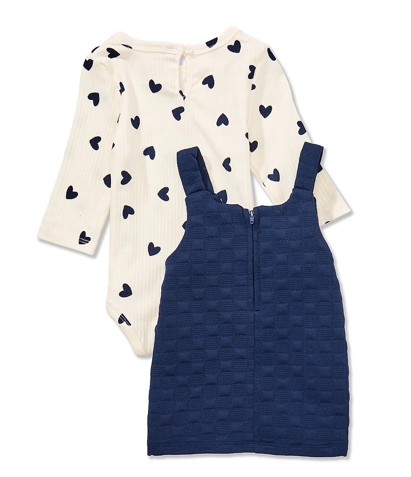 Rare Editions Baby Girls Sleeveless Bear/Heart-Appliqued Double-Knit Jumper Dress & Long-Sleeve Printed Bodysuit Set