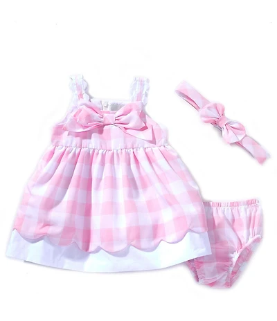 Rare Editions Baby Girls Sleeveless Bow Accented Checked Empire Waist Scallop Layered Hem Dress
