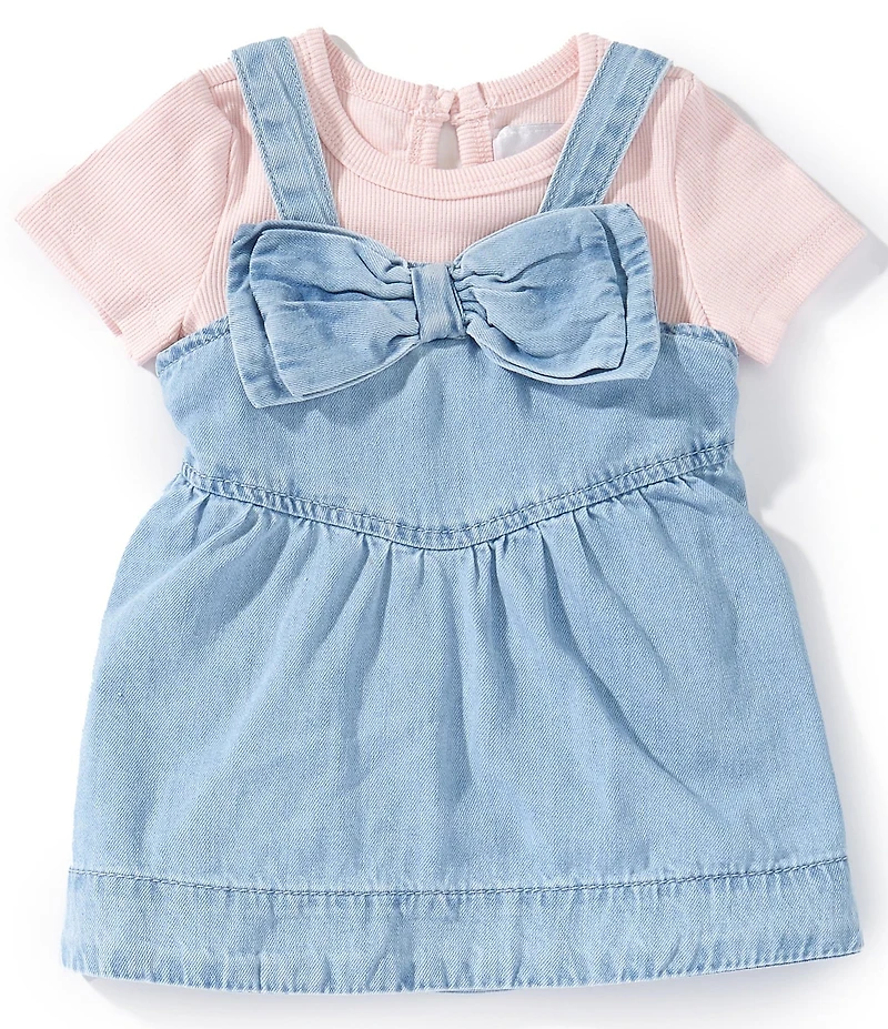 Rare Editions Baby Girls Sleeveless Bow-Accented Denim Jumper Dress & Short-Sleeve Rib-Knit Bodysuit Set