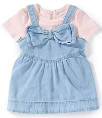 Rare Editions Baby Girls Sleeveless Bow-Accented Denim Jumper Dress & Short-Sleeve Rib-Knit Bodysuit Set