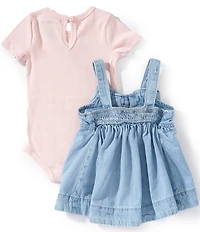 Rare Editions Baby Girls Sleeveless Bow-Accented Denim Jumper Dress & Short-Sleeve Rib-Knit Bodysuit Set