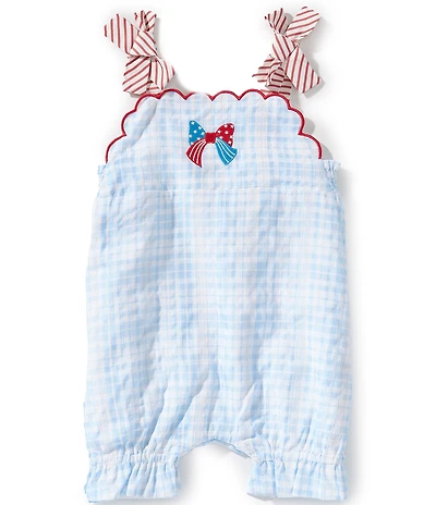 Rare Editions Baby Girls Sleeveless Bow-Embroidered Gingham-Checked Romper
