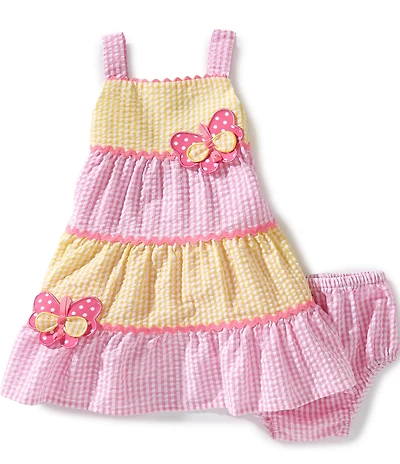 Rare Editions Baby Girls Sleeveless Color Block Seersucker Ric-Rac Trim Butterfly Applique A-Line Dress