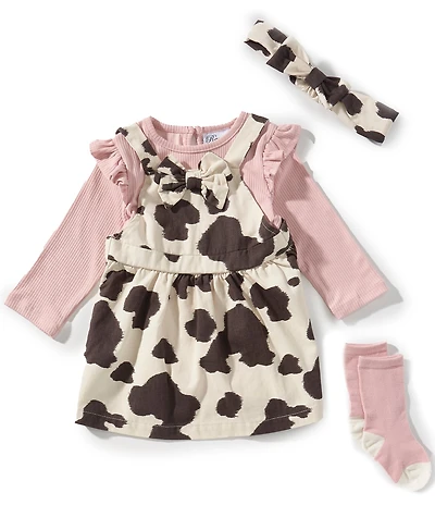 Rare Editions Baby Girls Sleeveless Cow-Printed Twill Jumper Dress & Solid Long-Sleeve Knit Bodysuit