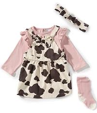 Rare Editions Baby Girls Sleeveless Cow-Printed Twill Jumper Dress & Solid Long-Sleeve Knit Bodysuit