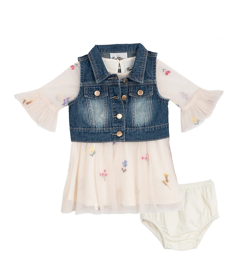Rare Editions Baby Girls Sleeveless Denim Vest & 3/4-Sleeve Floral-Embroidered Fit-And-Flare Dress