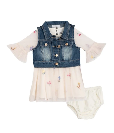 Rare Editions Baby Girls Sleeveless Denim Vest & 3/4-Sleeve Floral-Embroidered Fit-And-Flare Dress