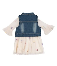 Rare Editions Baby Girls Sleeveless Denim Vest & 3/4-Sleeve Floral-Embroidered Fit-And-Flare Dress
