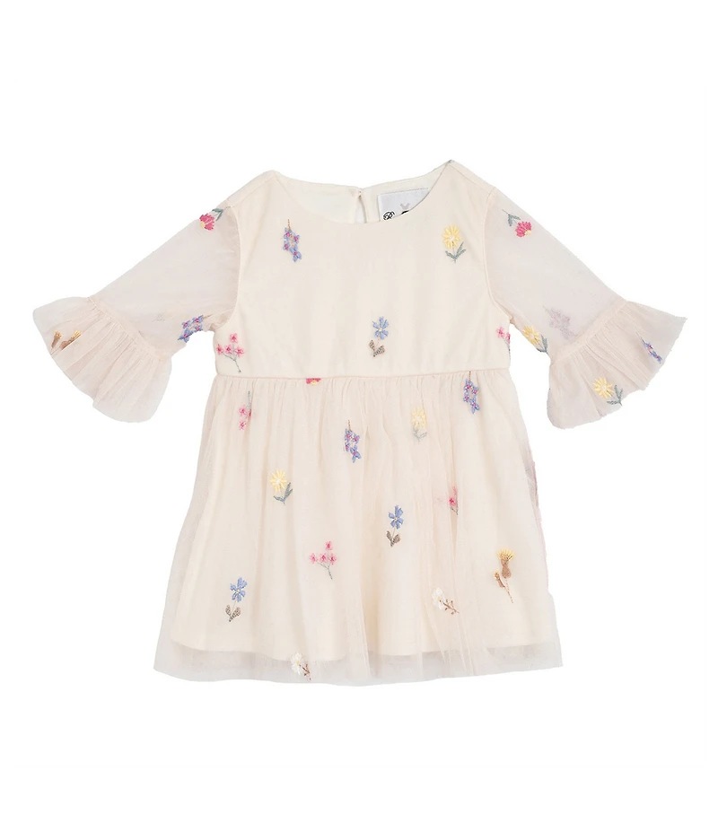 Rare Editions Baby Girls Sleeveless Denim Vest & 3/4-Sleeve Floral-Embroidered Fit-And-Flare Dress