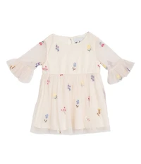 Rare Editions Baby Girls Sleeveless Denim Vest & 3/4-Sleeve Floral-Embroidered Fit-And-Flare Dress