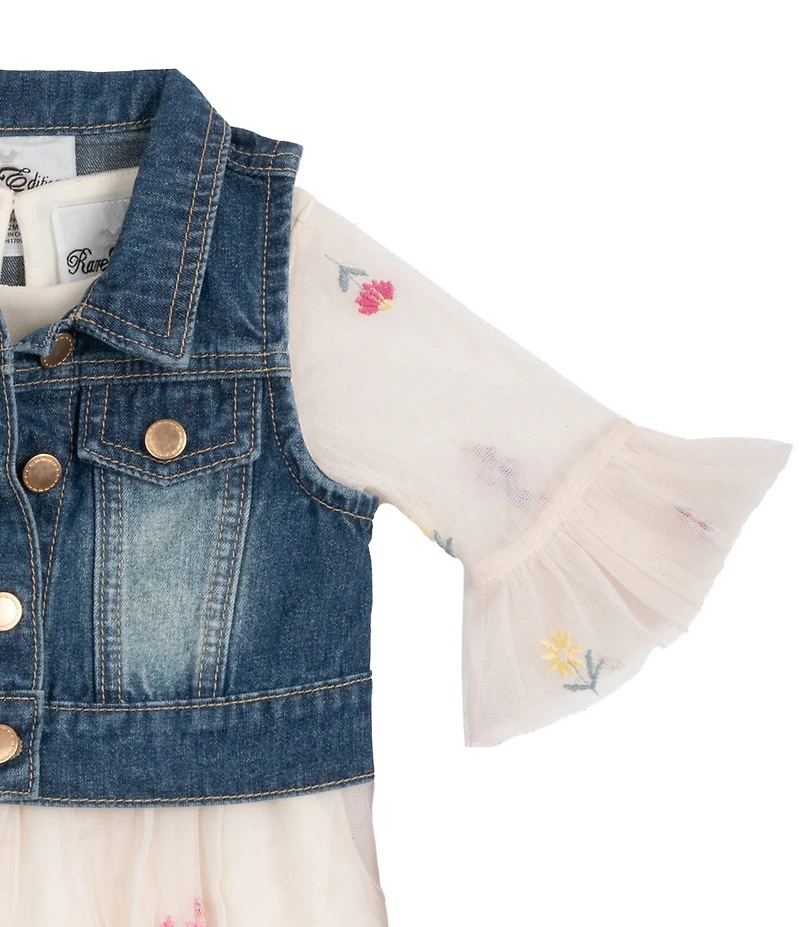 Rare Editions Baby Girls Sleeveless Denim Vest & 3/4-Sleeve Floral-Embroidered Fit-And-Flare Dress