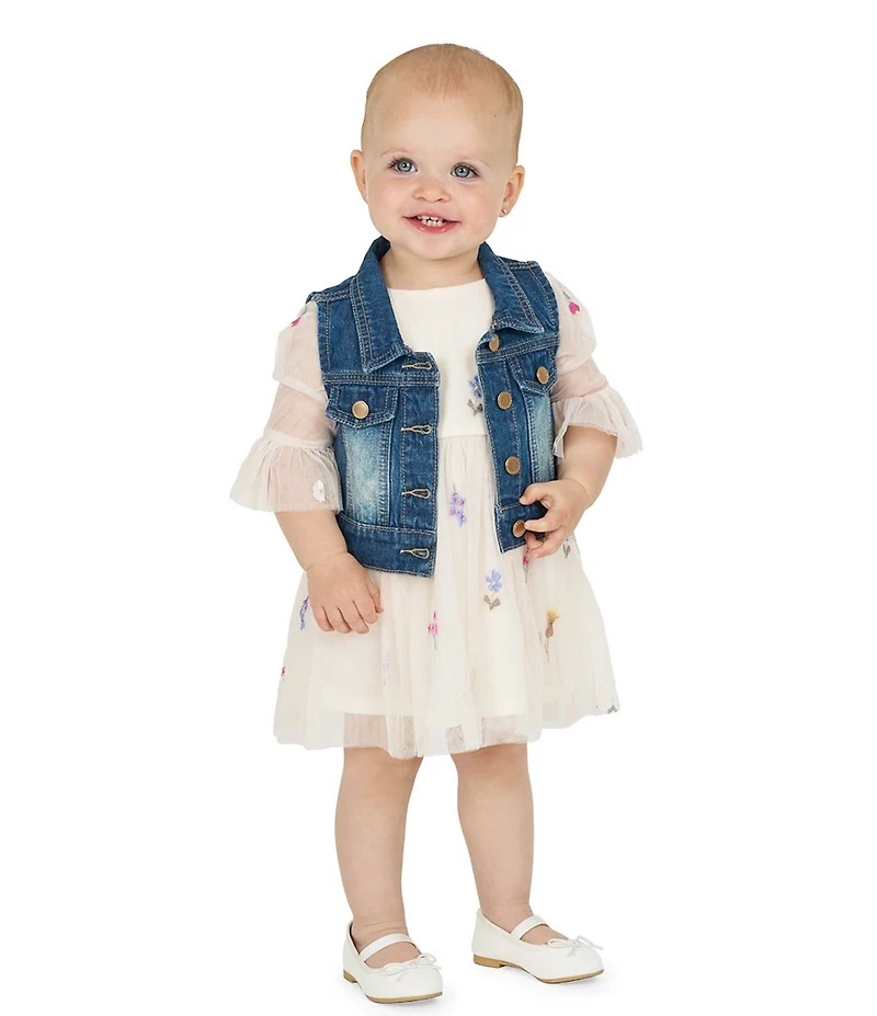 Rare Editions Baby Girls Sleeveless Denim Vest & 3/4-Sleeve Floral-Embroidered Fit-And-Flare Dress