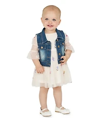 Rare Editions Baby Girls Sleeveless Denim Vest & 3/4-Sleeve Floral-Embroidered Fit-And-Flare Dress