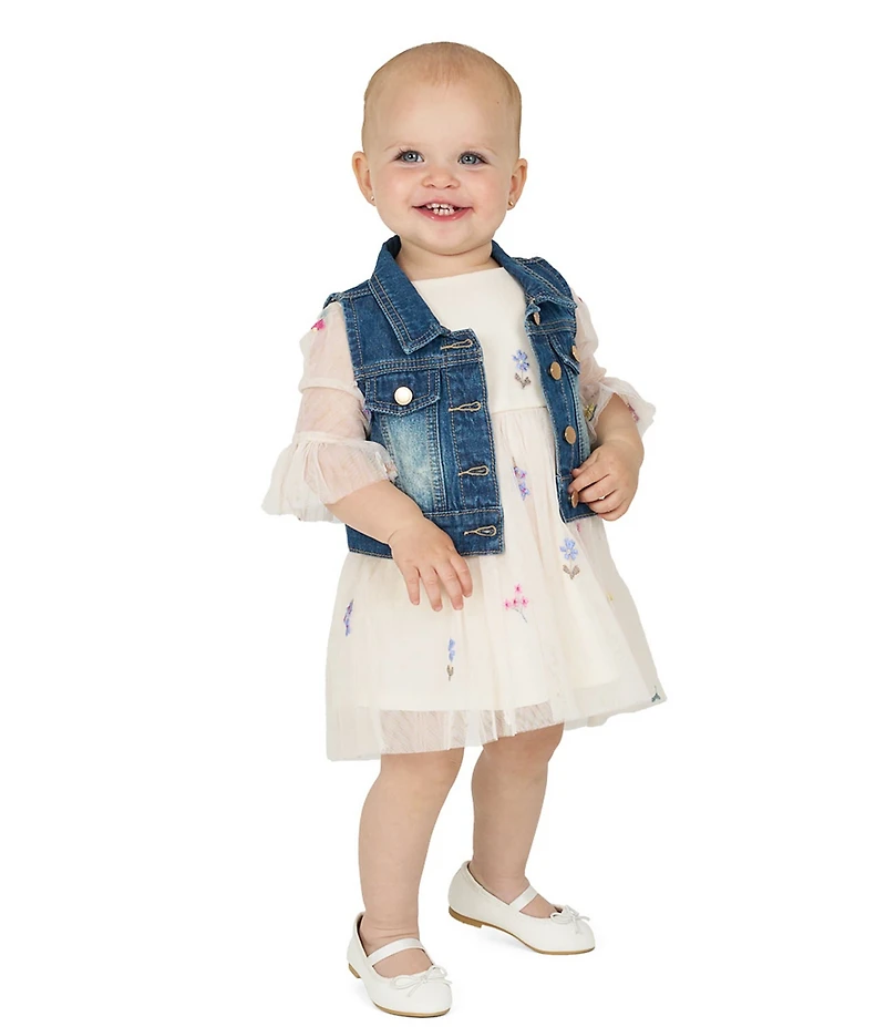 Rare Editions Baby Girls Sleeveless Denim Vest & 3/4-Sleeve Floral-Embroidered Fit-And-Flare Dress