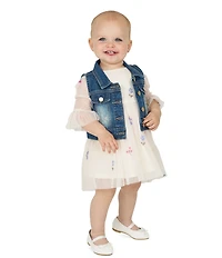 Rare Editions Baby Girls Sleeveless Denim Vest & 3/4-Sleeve Floral-Embroidered Fit-And-Flare Dress