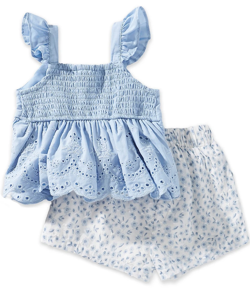 Rare Editions Baby Girls Flutter Sleeve Eyelet-Embroidered-Ruffle Tank Top & Printed Shorts Set