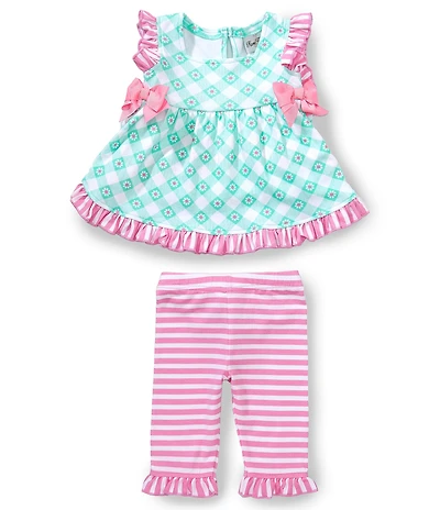 Rare Editions Baby Girls Flutter Sleeve Floral/Checked Bow-Accented Tunic Top & Striped Ruffle Trim Leggings Set