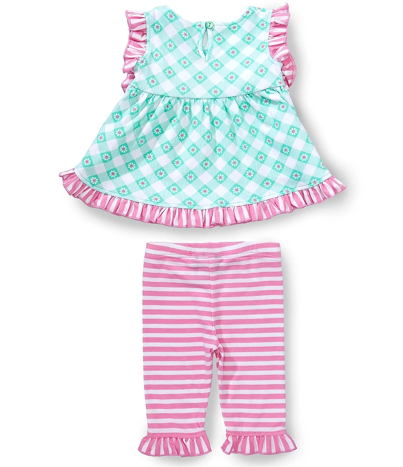 Rare Editions Baby Girls Flutter Sleeve Floral/Checked Bow-Accented Tunic Top & Striped Ruffle Trim Leggings Set