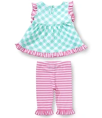 Rare Editions Baby Girls Flutter Sleeve Floral/Checked Bow-Accented Tunic Top & Striped Ruffle Trim Leggings Set