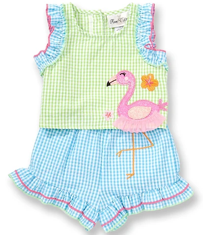 Rare Editions Baby Girls Sleeveless Gingham-Printed Flamingo-Applique Seersucker Top & Coordinating Shorts Set