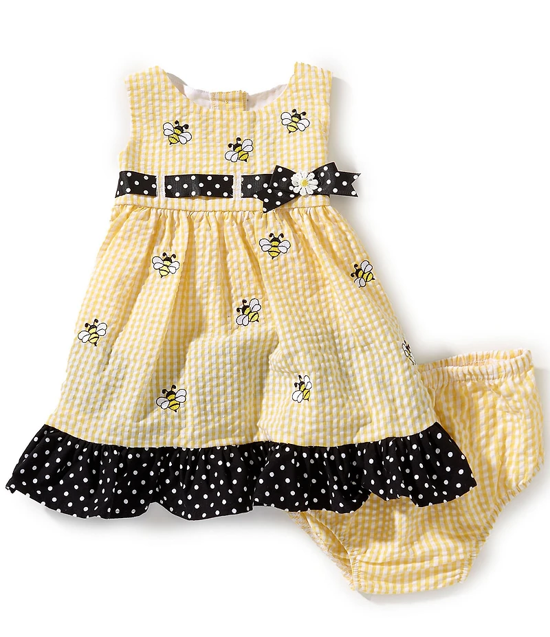 Rare Editions Baby Girls Sleeveless Gingham Schiffli Bee Embroidered Seersucker Dress
