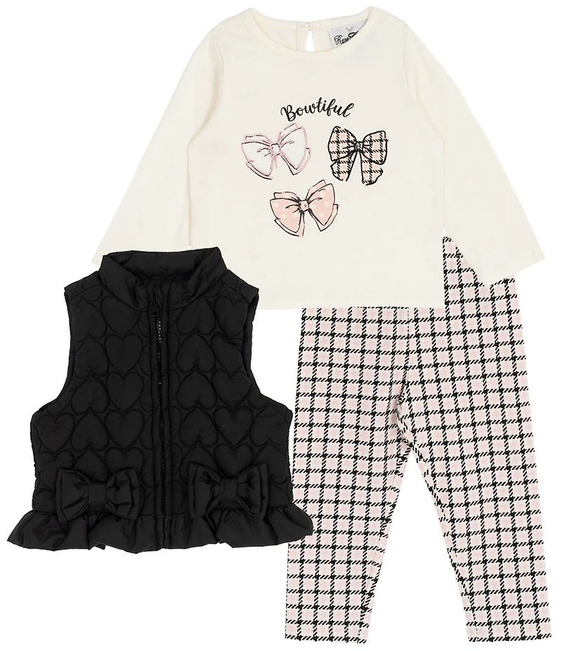 Rare Editions Baby Girls Sleeveless Heart-Appliqued Puffer Vest, Long-Sleeve Bow-Motif T-Shirt & Houndstooth Leggings Set