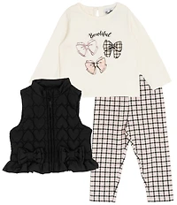 Rare Editions Baby Girls Sleeveless Heart-Appliqued Puffer Vest, Long-Sleeve Bow-Motif T-Shirt & Houndstooth Leggings Set