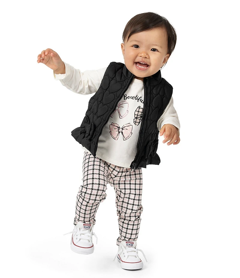 Rare Editions Baby Girls Sleeveless Heart-Appliqued Puffer Vest, Long-Sleeve Bow-Motif T-Shirt & Houndstooth Leggings Set