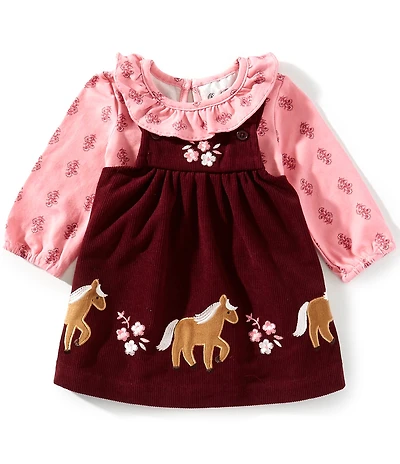 Rare Editions Baby Girls Sleeveless Horse-Motif Corduroy Jumper Dress & Long-Sleeve Ruffle-Collar Printed Bodysuit