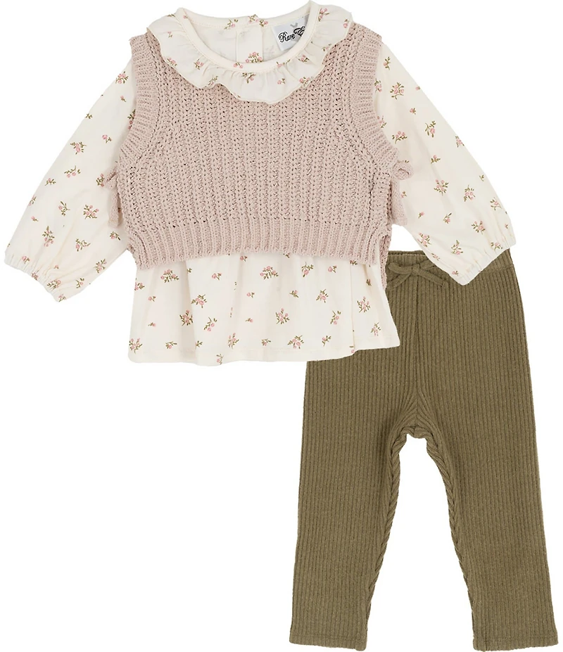 Rare Editions Baby Girls Sleeveless Knit Vest, Long-Sleeve Ditsy-Floral Jersey-Knit Top & Rib-Knit Leggings 3-Piece Set