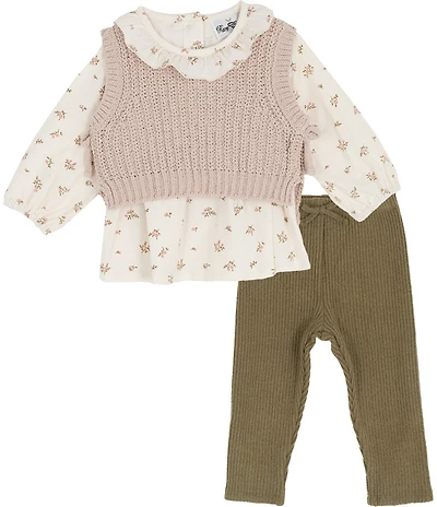 Rare Editions Baby Girls Sleeveless Knit Vest, Long-Sleeve Ditsy-Floral Jersey-Knit Top & Rib-Knit Leggings 3-Piece Set