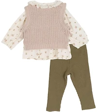 Rare Editions Baby Girls Sleeveless Knit Vest, Long-Sleeve Ditsy-Floral Jersey-Knit Top & Rib-Knit Leggings 3-Piece Set
