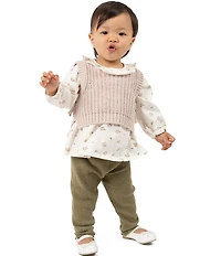 Rare Editions Baby Girls Sleeveless Knit Vest, Long-Sleeve Ditsy-Floral Jersey-Knit Top & Rib-Knit Leggings 3-Piece Set