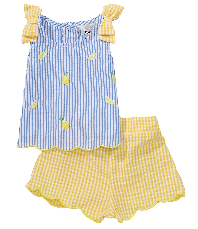 Rare Editions Baby Girls Sleeveless Lemon-Schiffli-Embroidered Striped Seersucker Tank Top & Checked Seersucker Shorts Set