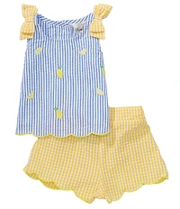 Rare Editions Baby Girls Sleeveless Lemon-Schiffli-Embroidered Striped Seersucker Tank Top & Checked Seersucker Shorts Set
