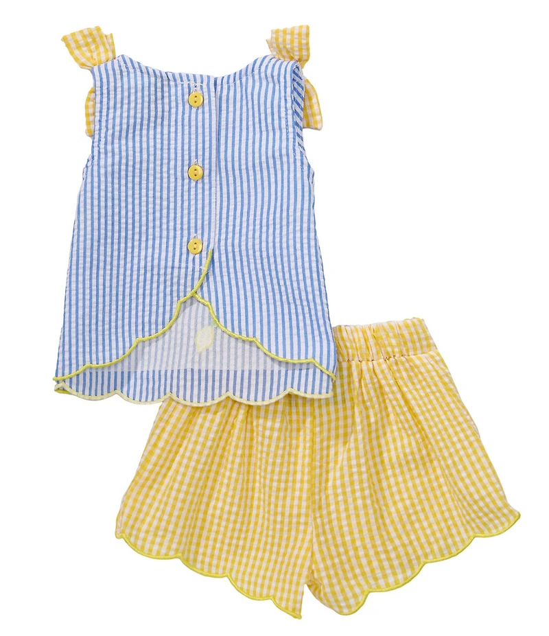 Rare Editions Baby Girls Sleeveless Lemon-Schiffli-Embroidered Striped Seersucker Tank Top & Checked Seersucker Shorts Set