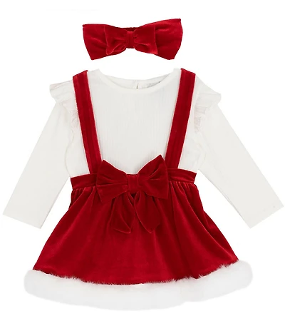 Rare Editions Baby Girls Sleeveless #double;Santa#double; Crushed Velvet Jumper Dress & Long-Sleeve Solid Knit Bodysuit Set