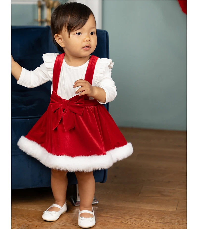 Rare Editions Baby Girls Sleeveless #double;Santa#double; Crushed Velvet Jumper Dress & Long-Sleeve Solid Knit Bodysuit Set