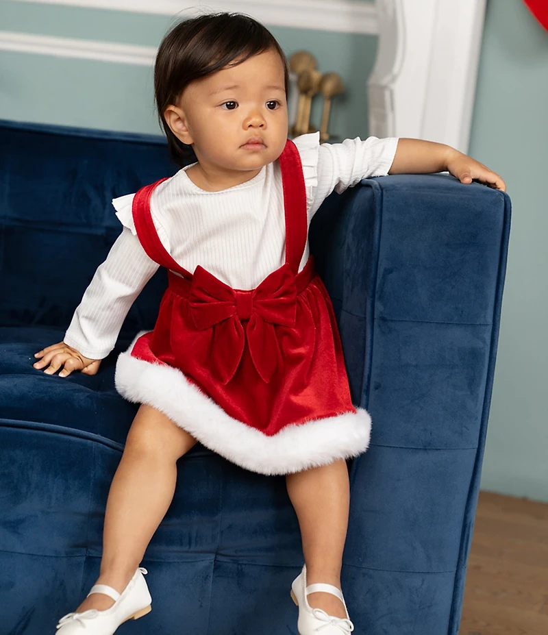Rare Editions Baby Girls Sleeveless #double;Santa#double; Crushed Velvet Jumper Dress & Long-Sleeve Solid Knit Bodysuit Set