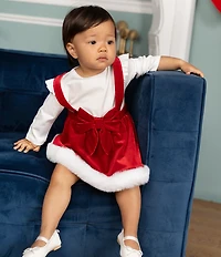 Rare Editions Baby Girls Sleeveless #double;Santa#double; Crushed Velvet Jumper Dress & Long-Sleeve Solid Knit Bodysuit Set
