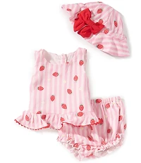 Rare Editions Baby Girls Sleeveless Striped/Strawberry-Appliqued Dress and Hat Set