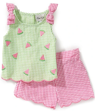 Rare Editions Baby Girls Sleeveless Watermelon-Schiffli-Embroidered Checked Seersucker Tank Top & Checked Seersucker Shorts Set