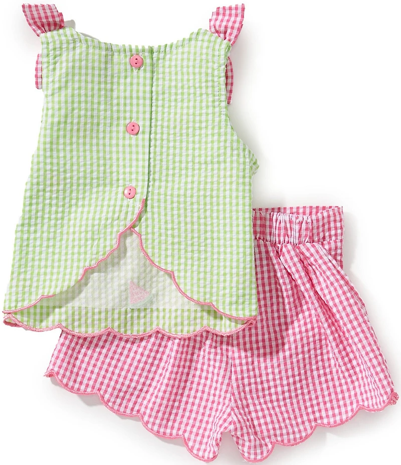Rare Editions Baby Girls Sleeveless Watermelon-Schiffli-Embroidered Checked Seersucker Tank Top & Checked Seersucker Shorts Set