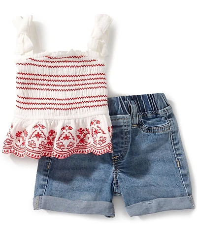 Rare Editions Baby Girls Striped/Scalloped-Border-Hem Tank Top & Denim Shorts Set