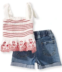 Rare Editions Baby Girls Striped/Scalloped-Border-Hem Tank Top & Denim Shorts Set