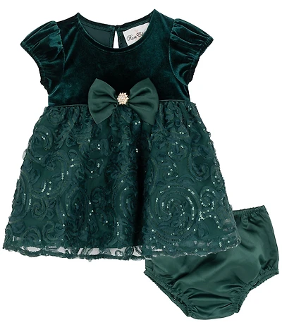 Rare Editions Baby Girls Velvet Stretch Bubble Bow Bodice Dress