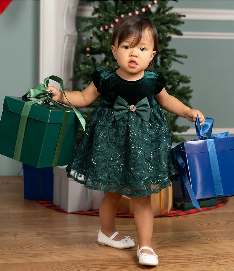 Rare Editions Baby Girls Velvet Stretch Bubble Bow Bodice Dress